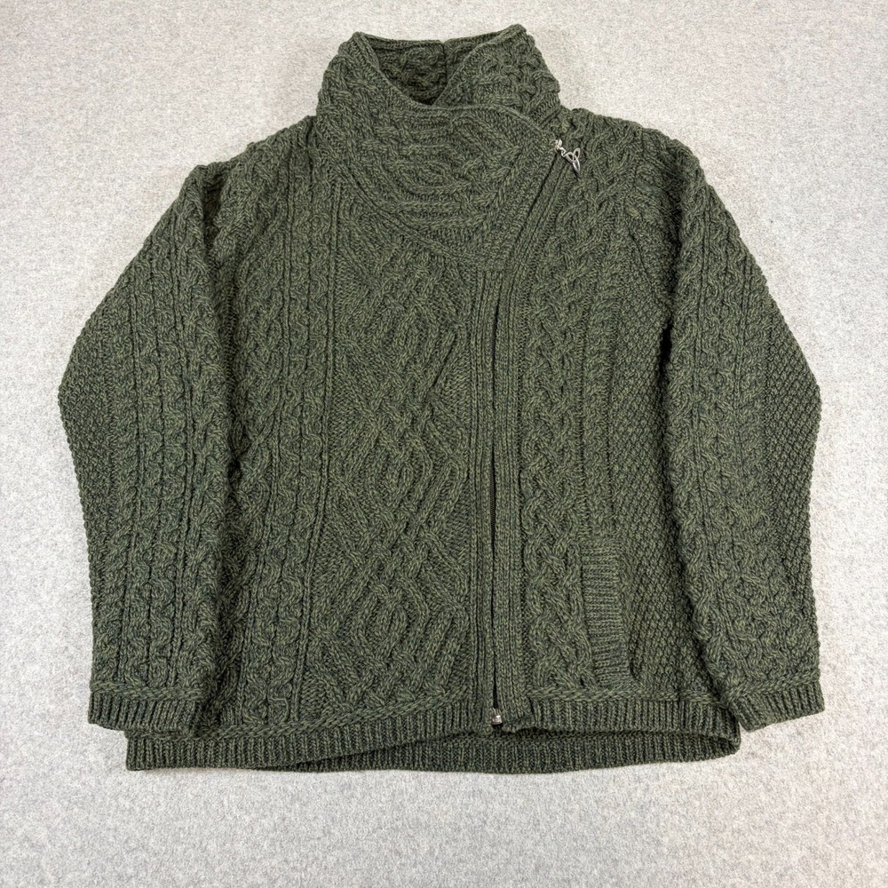 Aran Crafts Side Zip Cardigan Jumper Womens Medium Green Wool Comfy